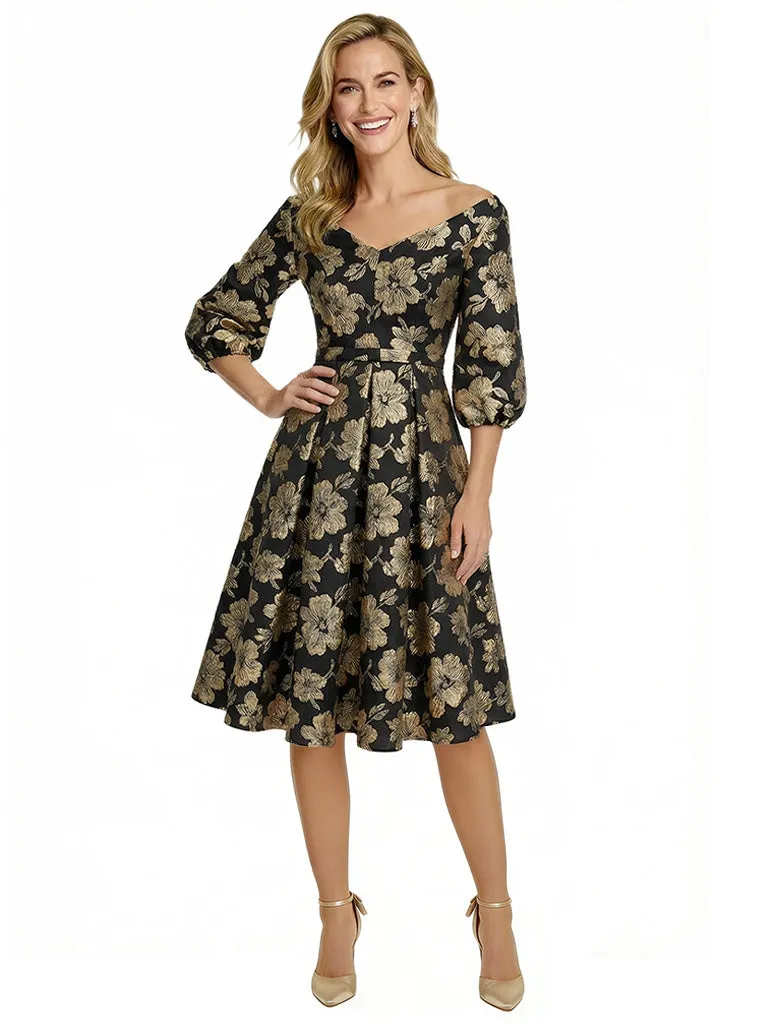 ChicSew Elegant Floral Jacquard V-Neck 3/4 Sleeves A-Line Knee-Length Formal Evening Dresses sold by ChicSew product image thumbnail 3