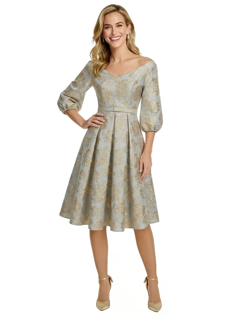 ChicSew Elegant Floral Jacquard V-Neck 3/4 Sleeves A-Line Knee-Length Formal Evening Dresses sold by ChicSew