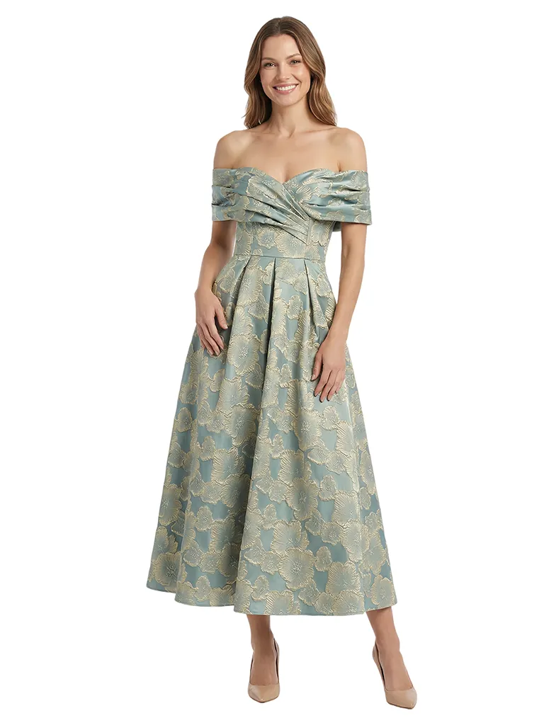 ChicSew Exquisite Floral Jacquard Off Shoulder A-Line Tea-Length Formal Evening Dresses sold by ChicSew