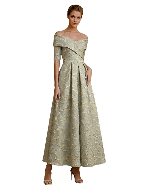 ChicSew Elegant Floral Jacquard Off Shoulder Tea-Length Formal Evening Dresses sold by ChicSew