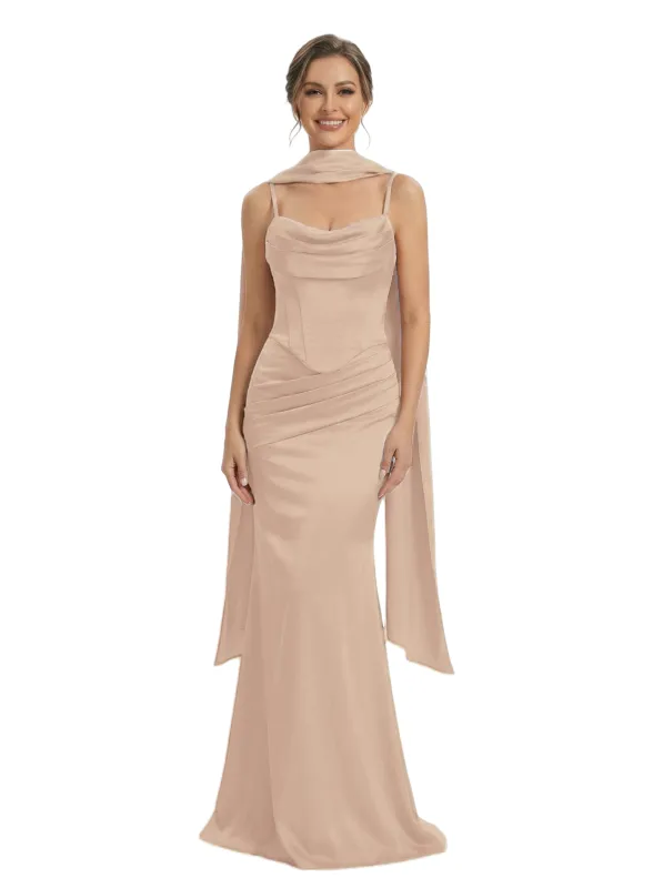 ChicSew Spaghetti Straps Corset Satin Ruched Mermaid Long Formal Evening Dresses sold by ChicSew