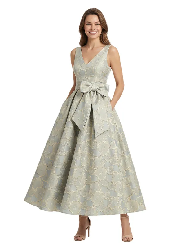 ChicSew Elegant Floral Jacquard V-Neck A-Line Sleeveless Tea Length Formal Evening Dresses sold by ChicSew