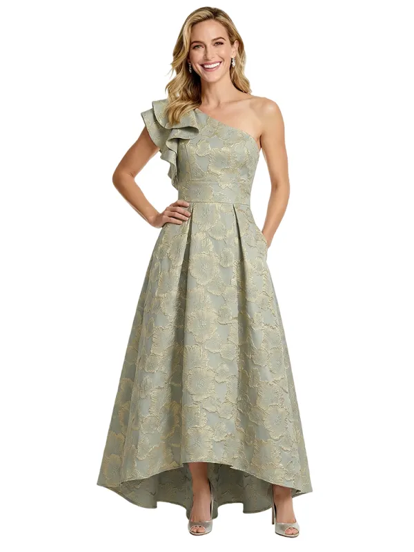 ChicSew Elegant Floral Jacquard One Shoulder Ruffle A-Line Long Formal Evening Dresses sold by ChicSew