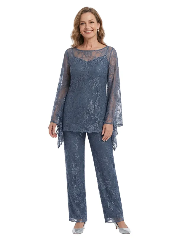 ChicSew Exquisite Lace Mother Of The Groom PantSuits Scoop Long Sleeves Modern Evening Set made by ChicSew