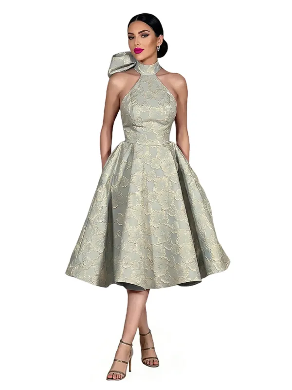 ChicSew Elegant Floral Jacquard Halter A-Line Knee-Length Formal Evening Dresses sold by ChicSew