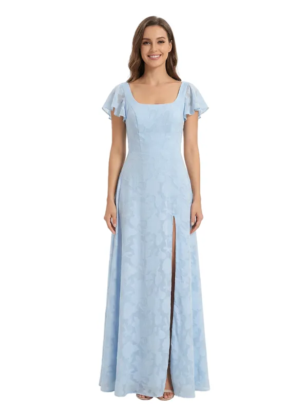 Elegant Flutter Sleeves Square Ruching Floral Burnout Chiffon A-line Formal Evening Dresses sold by ChicSew