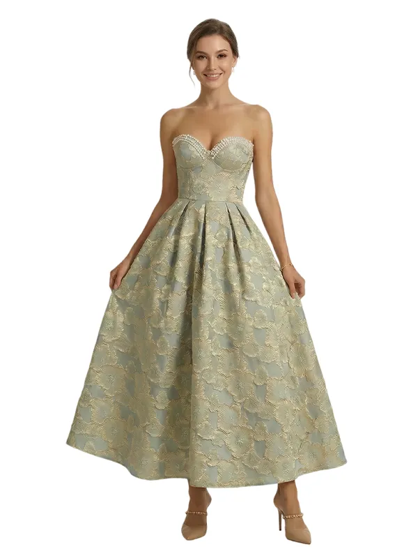 ChicSew Modern Floral Jacquard Sweetheart Strapless Sleeveless Tea-Length A-Line Long Formal Evening Dresses sold by ChicSew