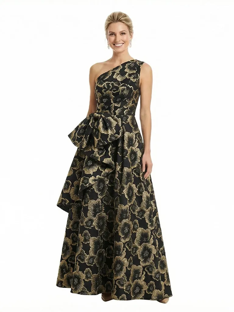 ChicSew Elegant Floral Jacquard One Shoulder Ruffle Bow Knot Long Formal Evening Dresses sold by ChicSew product image thumbnail 3