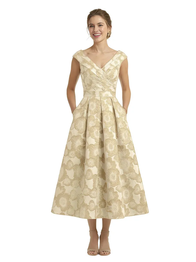 ChicSew Modern Floral Jacquard V-Neck Cap Sleeves Tea-Length A-Line Long Formal Evening Dresses sold by ChicSew product image thumbnail 4