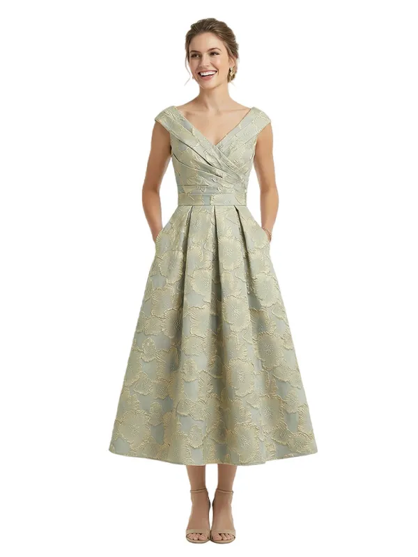 ChicSew Modern Floral Jacquard V-Neck Cap Sleeves Tea-Length A-Line Long Formal Evening Dresses sold by ChicSew