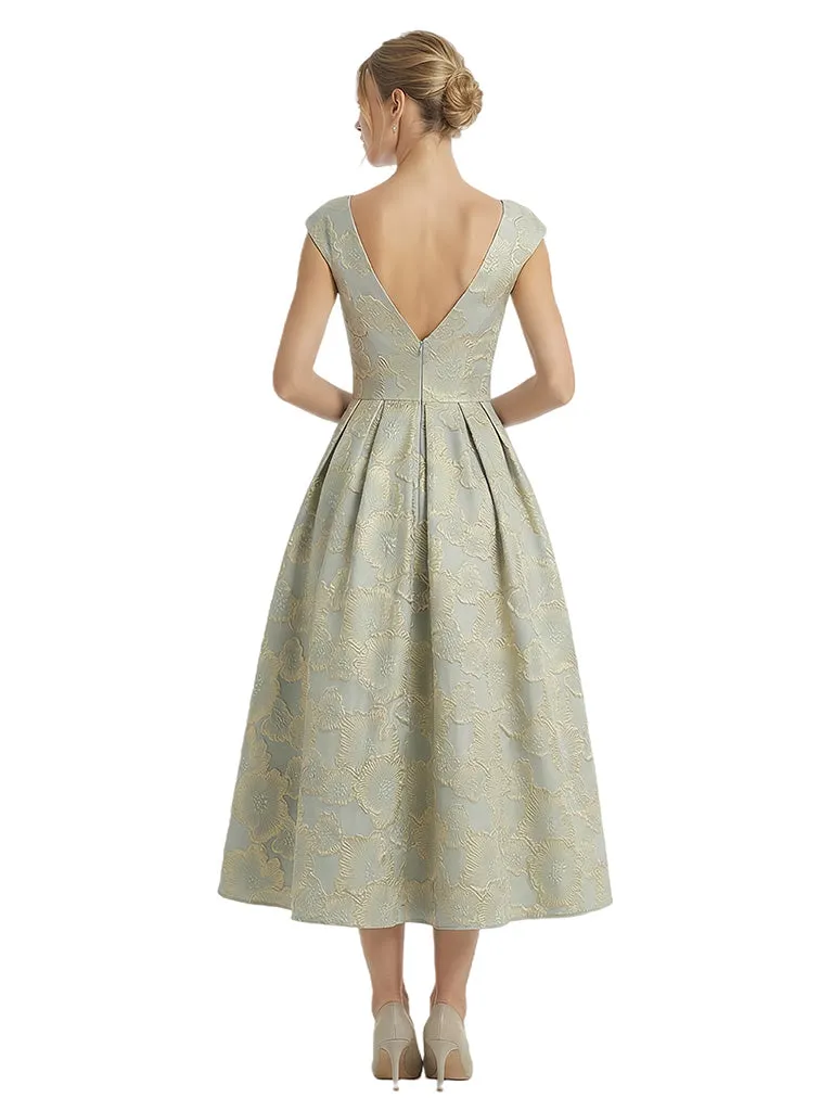 ChicSew Modern Floral Jacquard V-Neck Cap Sleeves Tea-Length A-Line Long Formal Evening Dresses sold by ChicSew product image thumbnail 2