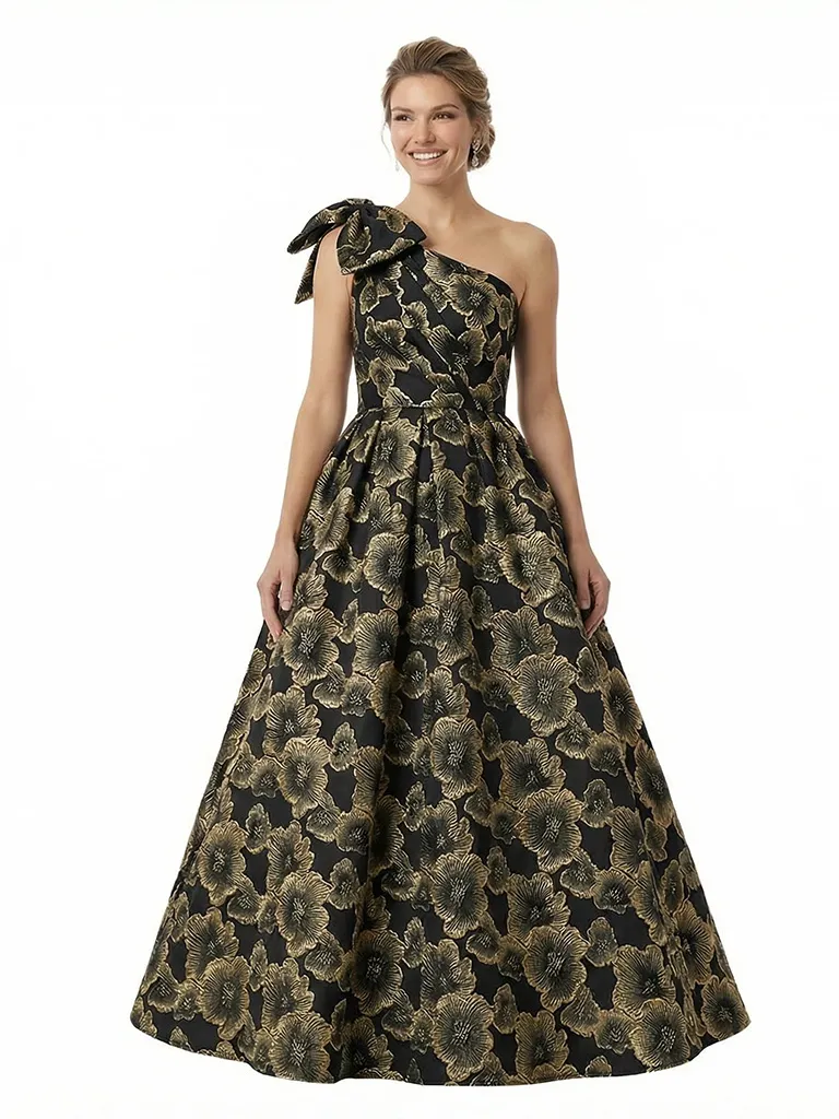 ChicSew Elegant Floral Jacquard One Shoulder Ruched Bow Knot Long Formal Evening Dresses sold by ChicSew product image thumbnail 3