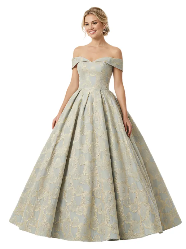 ChicSew Modern Floral Jacquard Off Shoulder Floor-Length A-Line Long Formal Evening Dresses sold by ChicSew