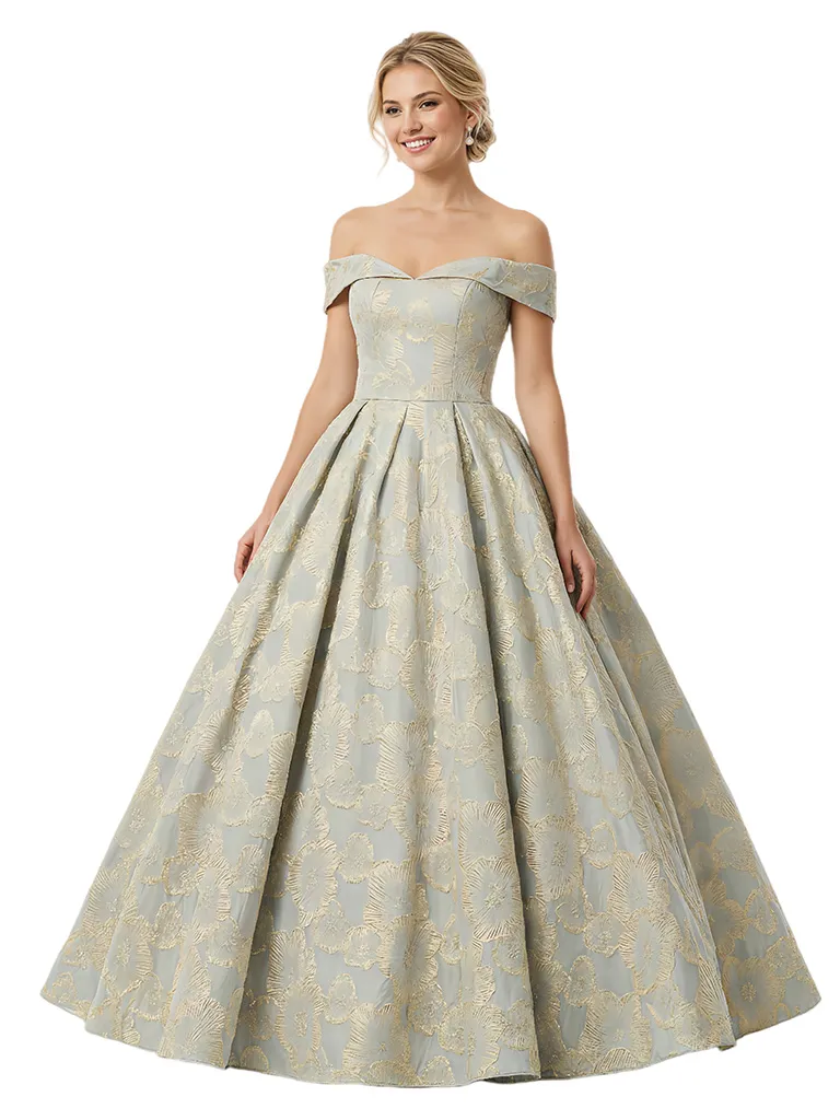 ChicSew Modern Floral Jacquard Off Shoulder Floor-Length A-Line Long Formal Evening Dresses sold by ChicSew