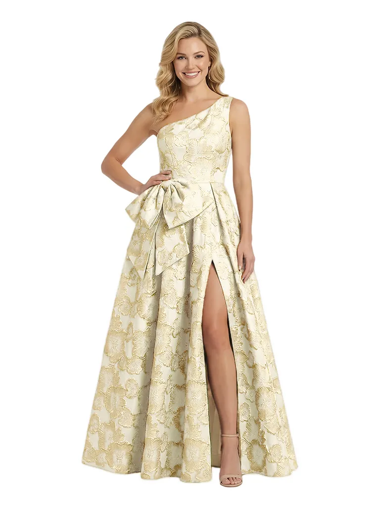 ChicSew Elegant Floral Jacquard One Shoulder Side Slit Bow Knot Long Formal Evening Dresses sold by ChicSew product image thumbnail 4