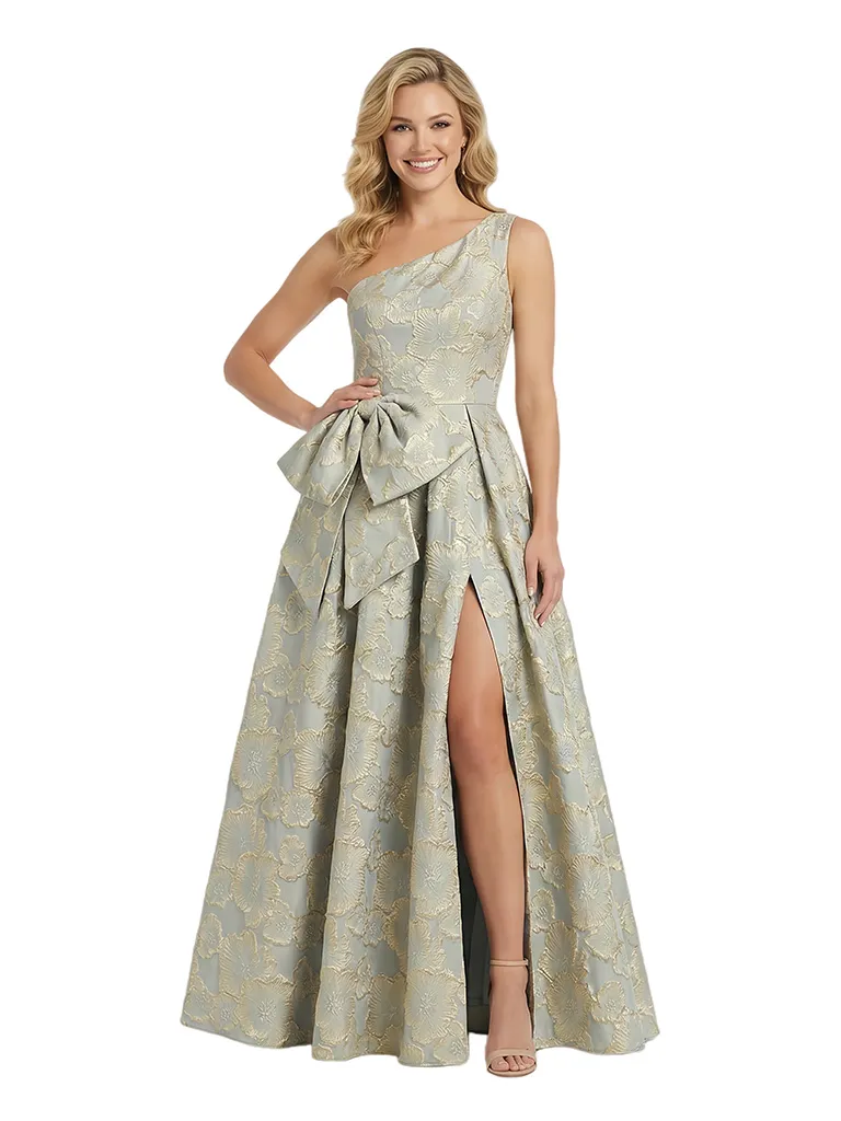 ChicSew Elegant Floral Jacquard One Shoulder Side Slit Bow Knot Long Formal Evening Dresses sold by ChicSew