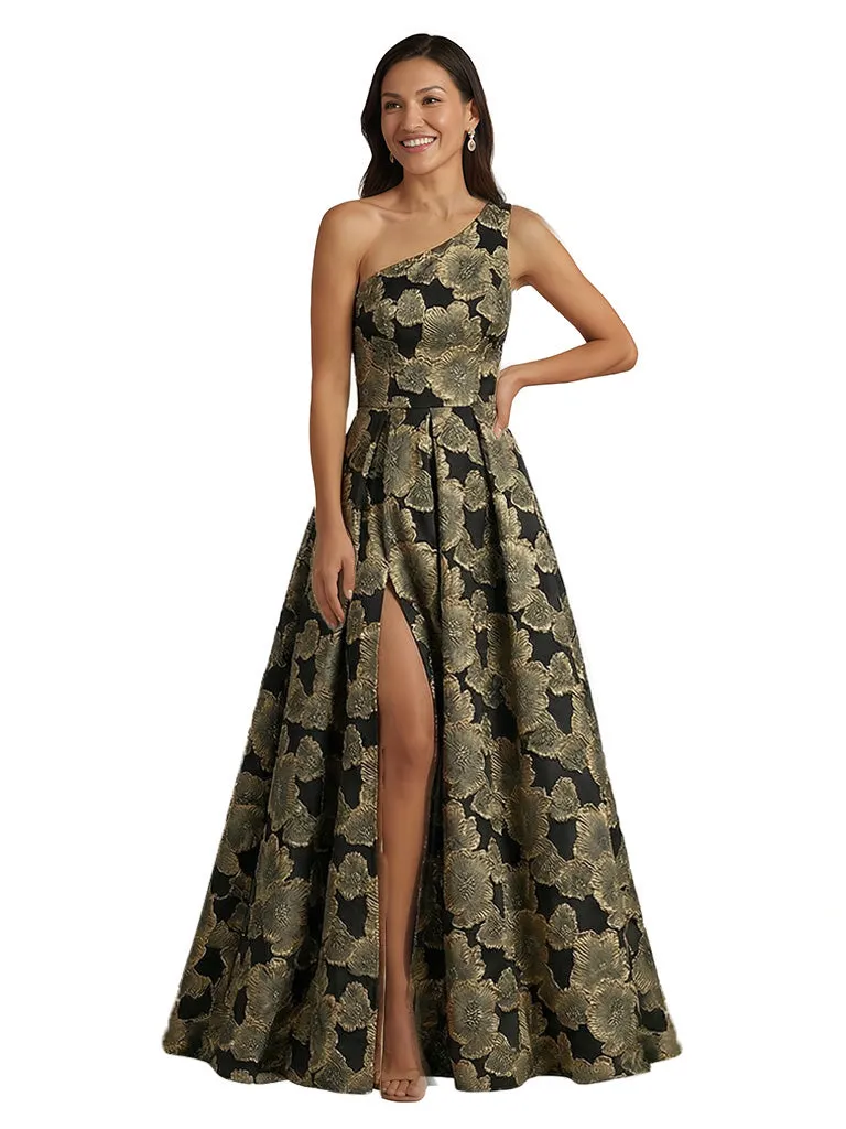 ChicSew Elegant Floral Jacquard One Shoulder Side Slit A-Line Long Formal Evening Dresses sold by ChicSew product image thumbnail 3