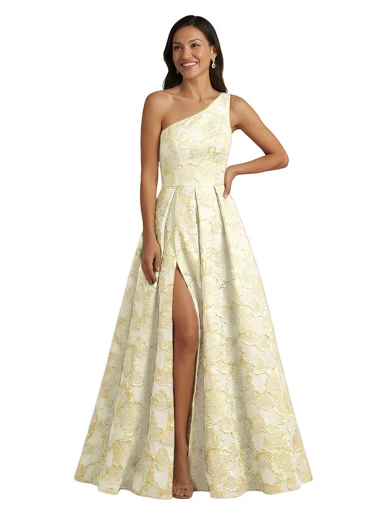 ChicSew Elegant Floral Jacquard One Shoulder Side Slit A-Line Long Formal Evening Dresses sold by ChicSew product image thumbnail 4