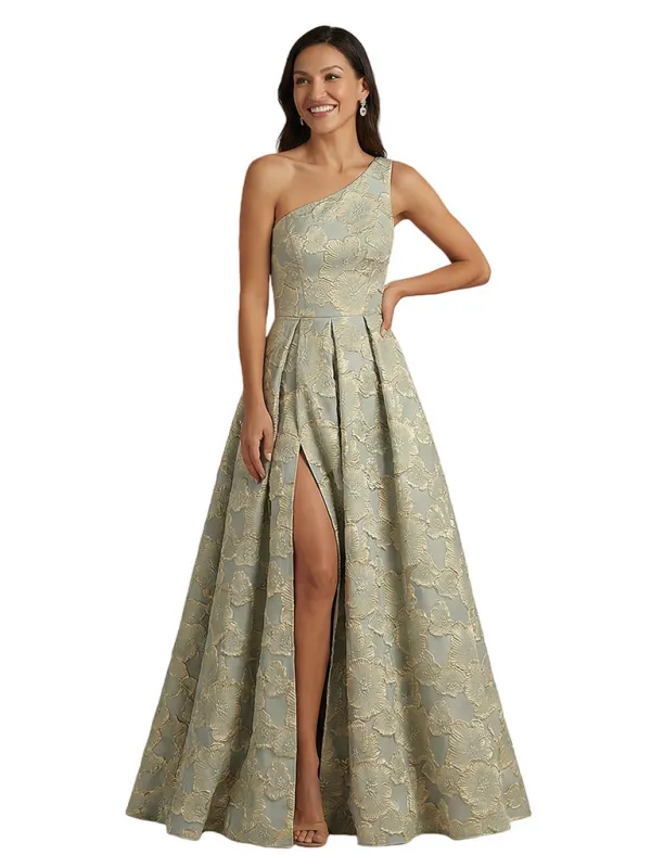 ChicSew Elegant Floral Jacquard One Shoulder Side Slit A-Line Long Formal Evening Dresses sold by ChicSew