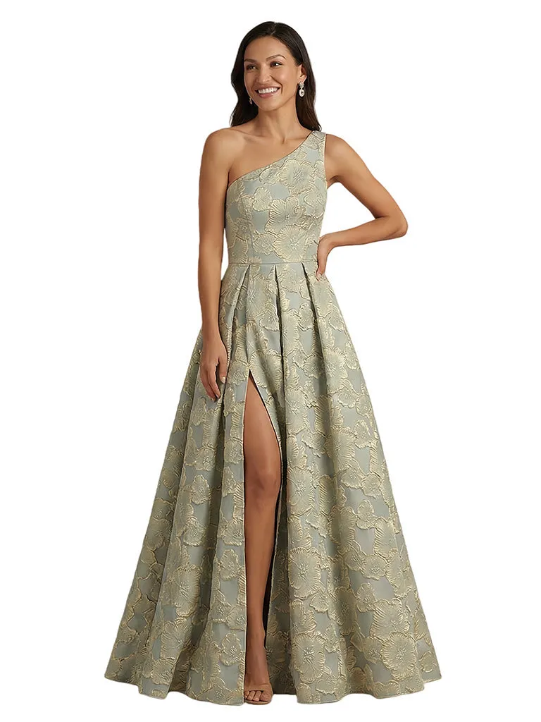 ChicSew Elegant Floral Jacquard One Shoulder Side Slit A-Line Long Formal Evening Dresses sold by ChicSew