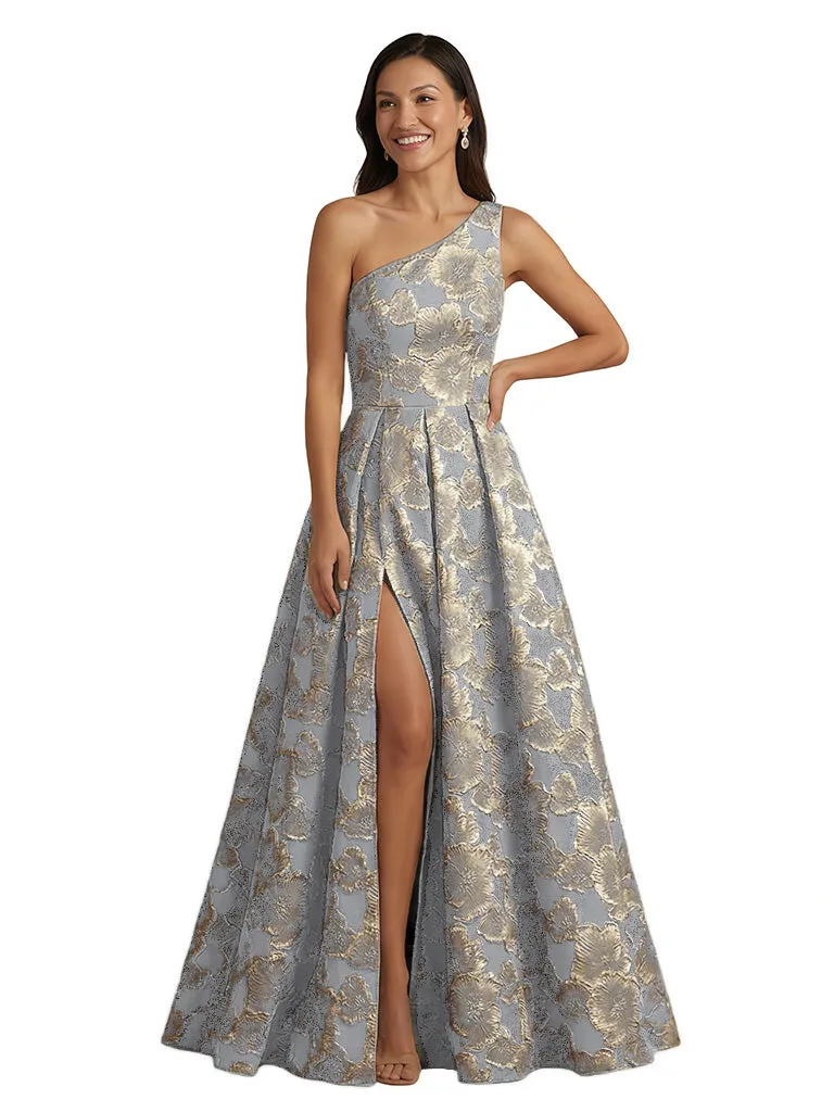 ChicSew Elegant Floral Jacquard One Shoulder Side Slit A-Line Long Formal Evening Dresses sold by ChicSew product image thumbnail 5