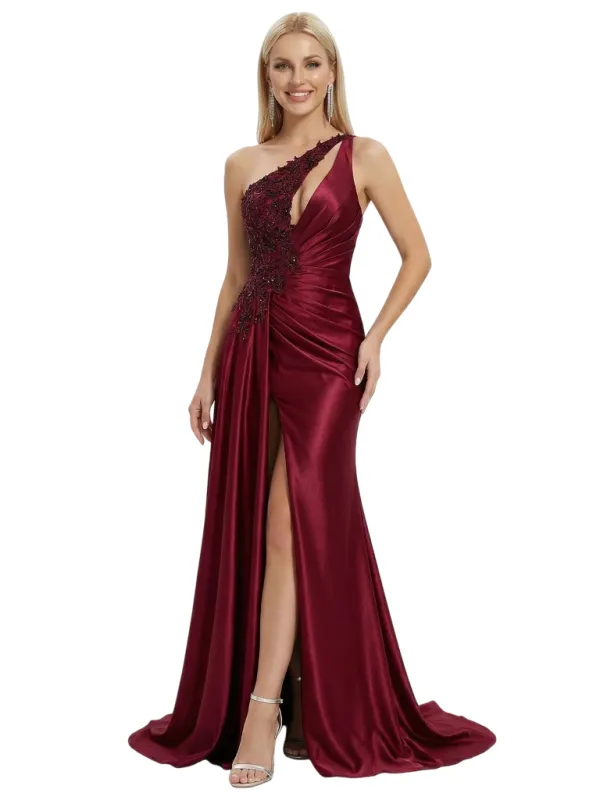 ChicSew Sexy One Shoulder Prom Gown Lace Satin Ruched Bodice High Slit Mermaid Long Formal Evening Gowns sold by ChicSew