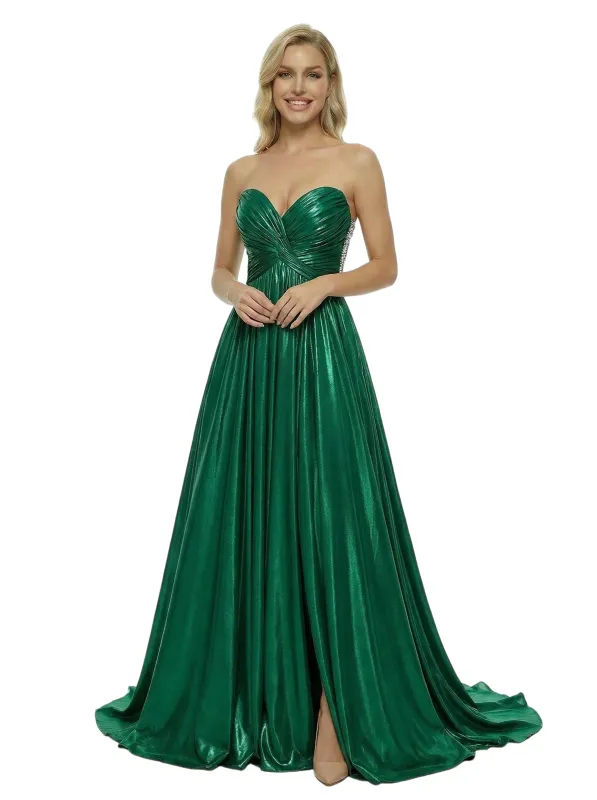 ChicSew Sparkly Ruched Sweetheart Metallic A-Line Maxi Long Evening Prom Dresses sold by ChicSew