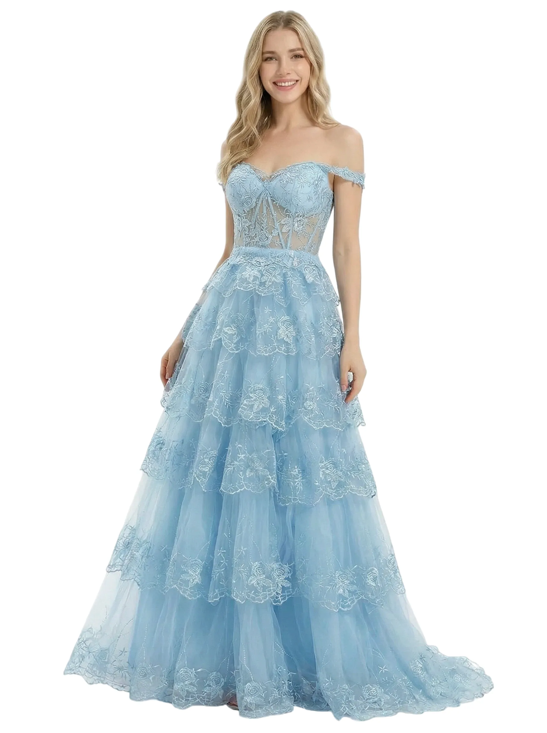 ChicSew Beautiful Off Shoulder Corset Lace Sparkly A-Line Floor Length Formal Evening Gown sold by ChicSew