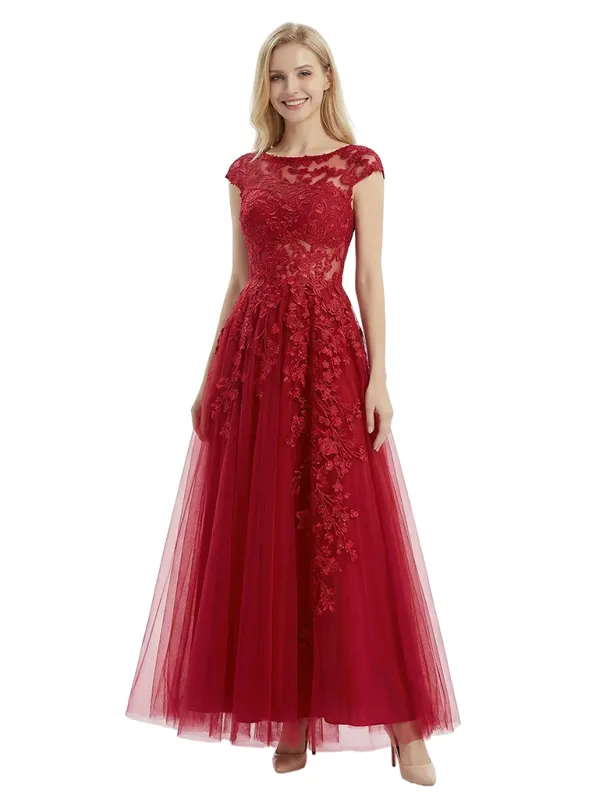 ChicSew Elegant Cap Sleeve Lace Applique A-Line Silhouette Formal Evening Gown sold by ChicSew