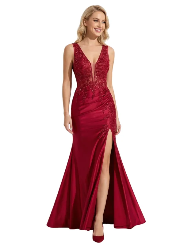ChicSew Unique V-Neck Sleeveless Side Slit Satin Floor Length Mermaid Formal Evening Dress sold by ChicSew