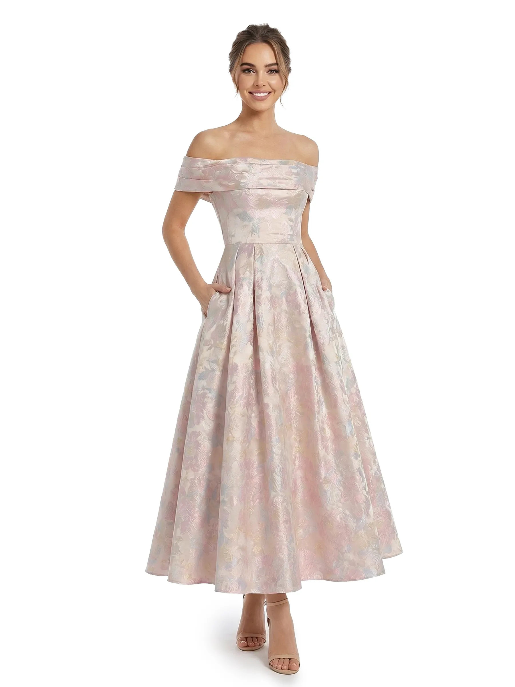 ChicSew Elegant Jacquard Satin Off Shoulder A-Line Ankle-Length Formal Evening Dresses sold by ChicSew