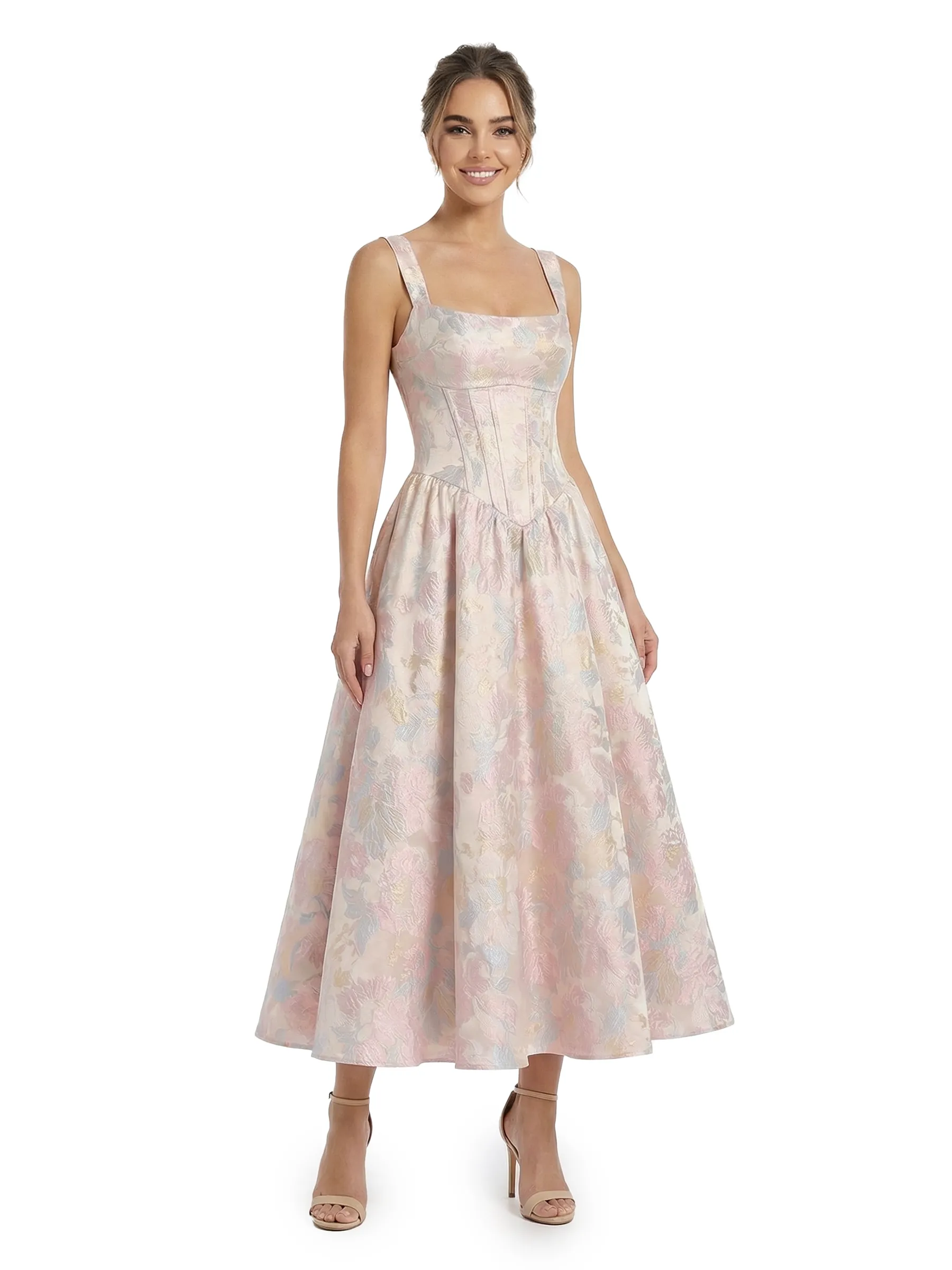 ChicSew Beautiful Jacquard Satin Square Neck A-Line Boning Midi Evening Formal Dresses sold by ChicSew