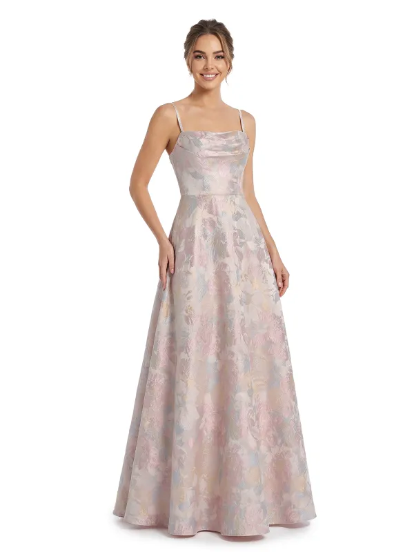 ChicSew Elegant Jacquard Satin Spaghetti Straps A-Line Maxi Long Evening Party Dresses sold by ChicSew