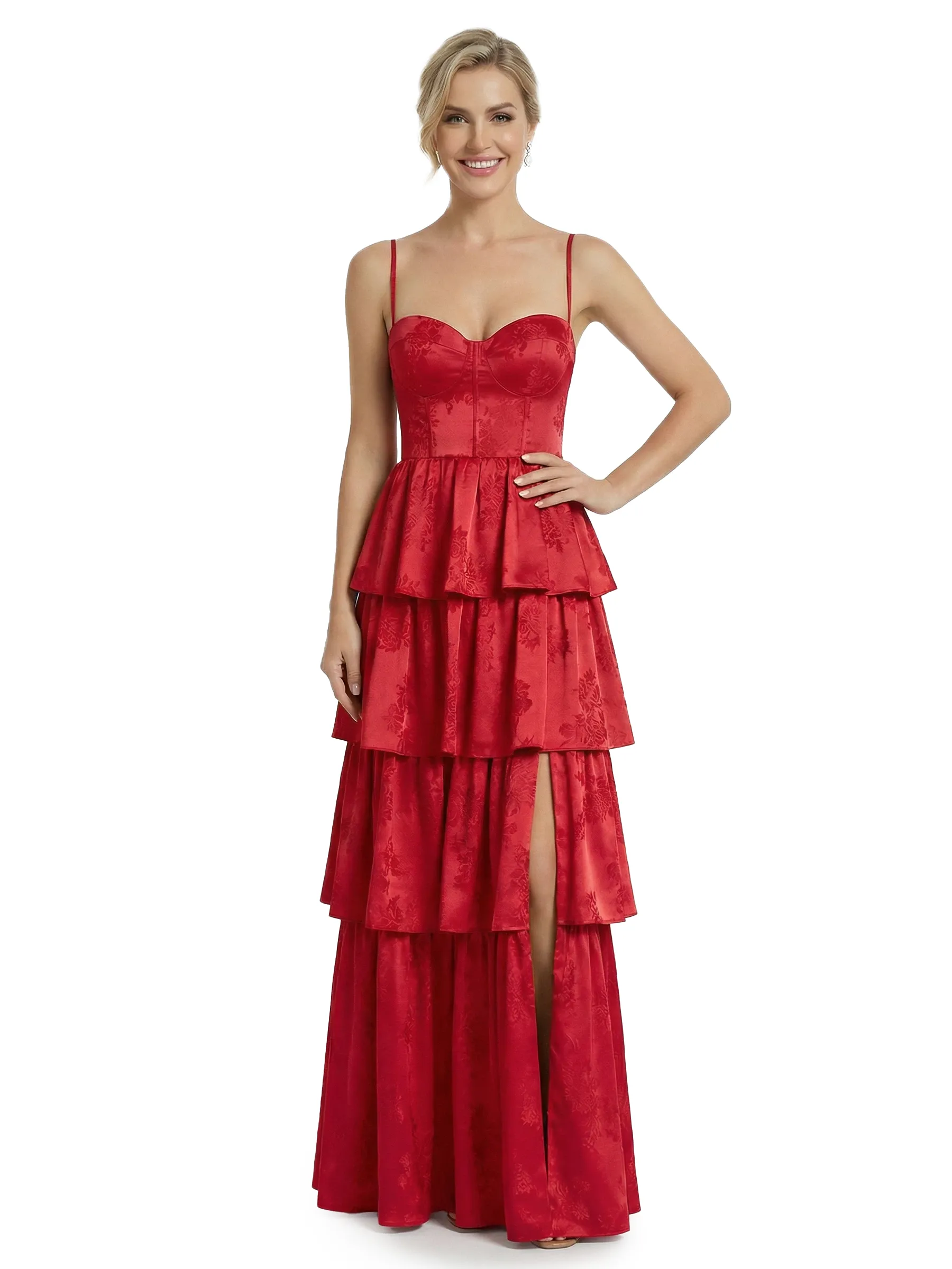 ChicSew Elegant Jacquard Satin Spaghetti Straps Side Slit A-Line Long Formal Evening Dresses sold by ChicSew