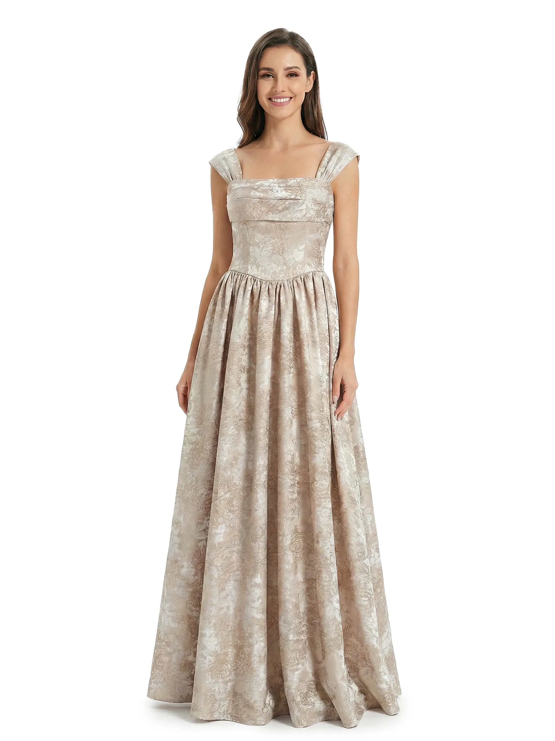 ChicSew Fancy Jacquard Satin Square Neck A-Line Long Evening Dresses For Women sold by ChicSew