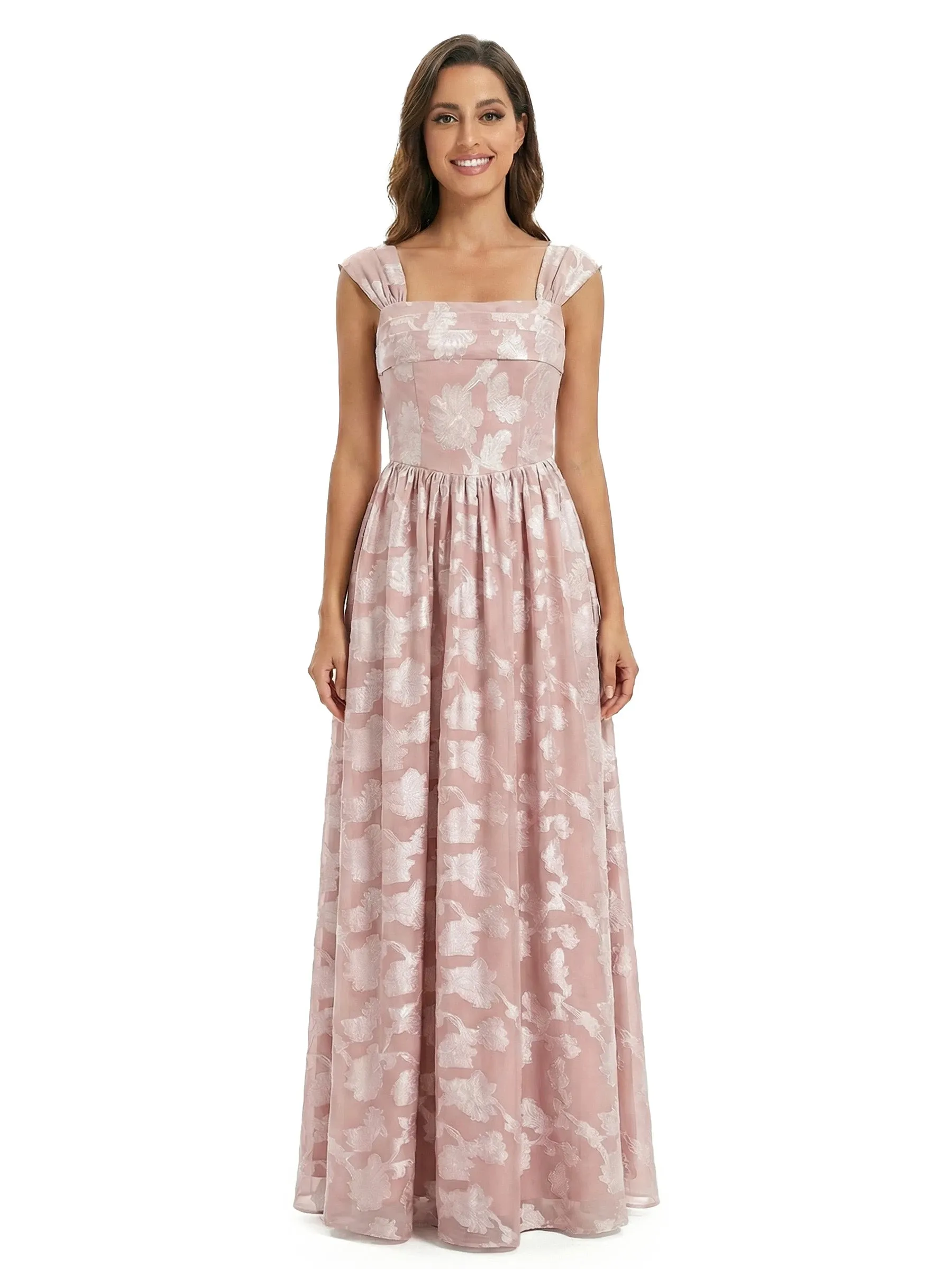 ChicSew Elegant Jacquard Satin Square Neck A-Line Floor-Length Evening Dresses For Women sold by ChicSew