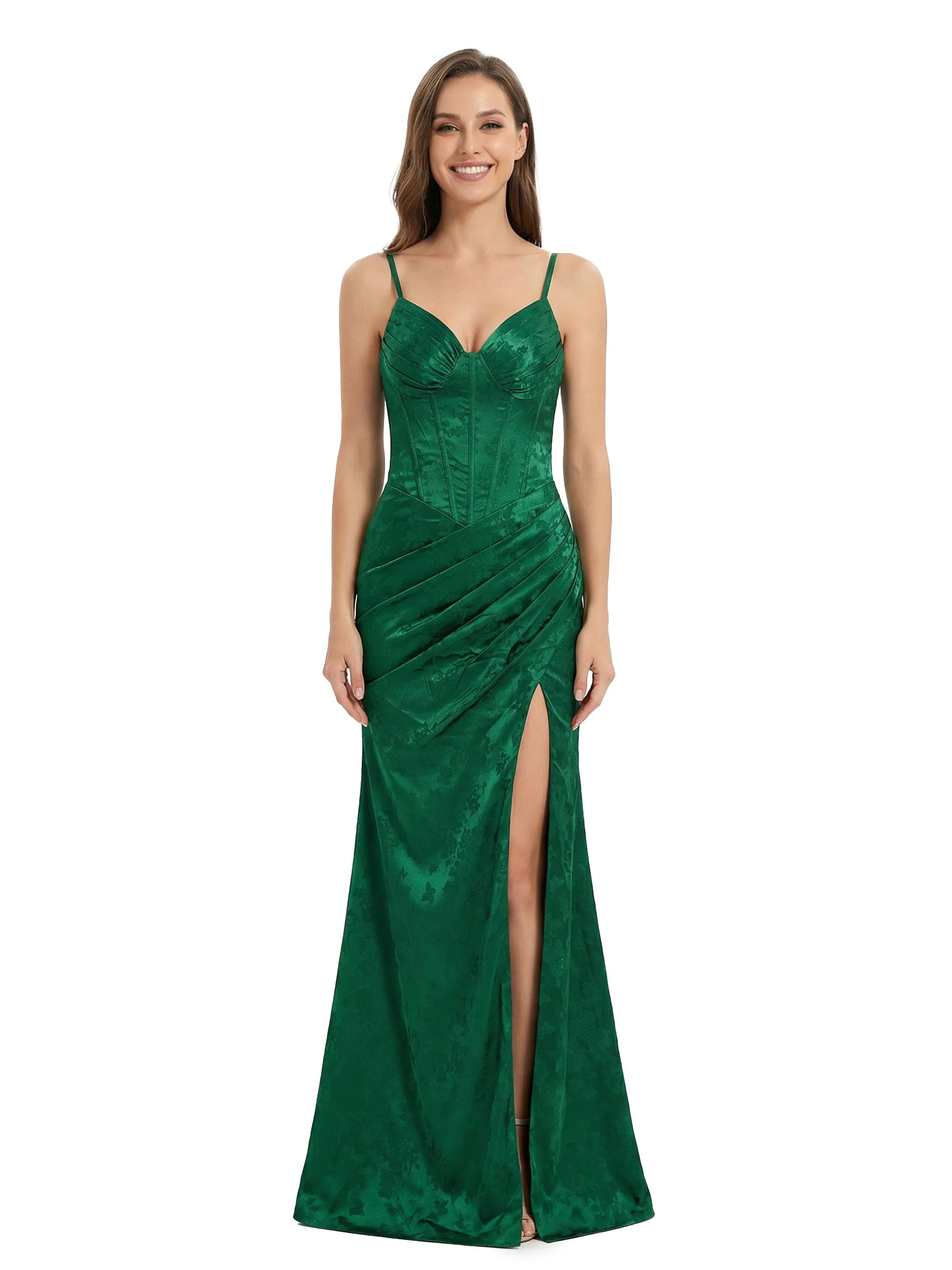 ChicSew Elegant Ruched Jacquard Satin Spaghetti Straps Side Slit Mermaid Long Formal Evening Dresses sold by ChicSew