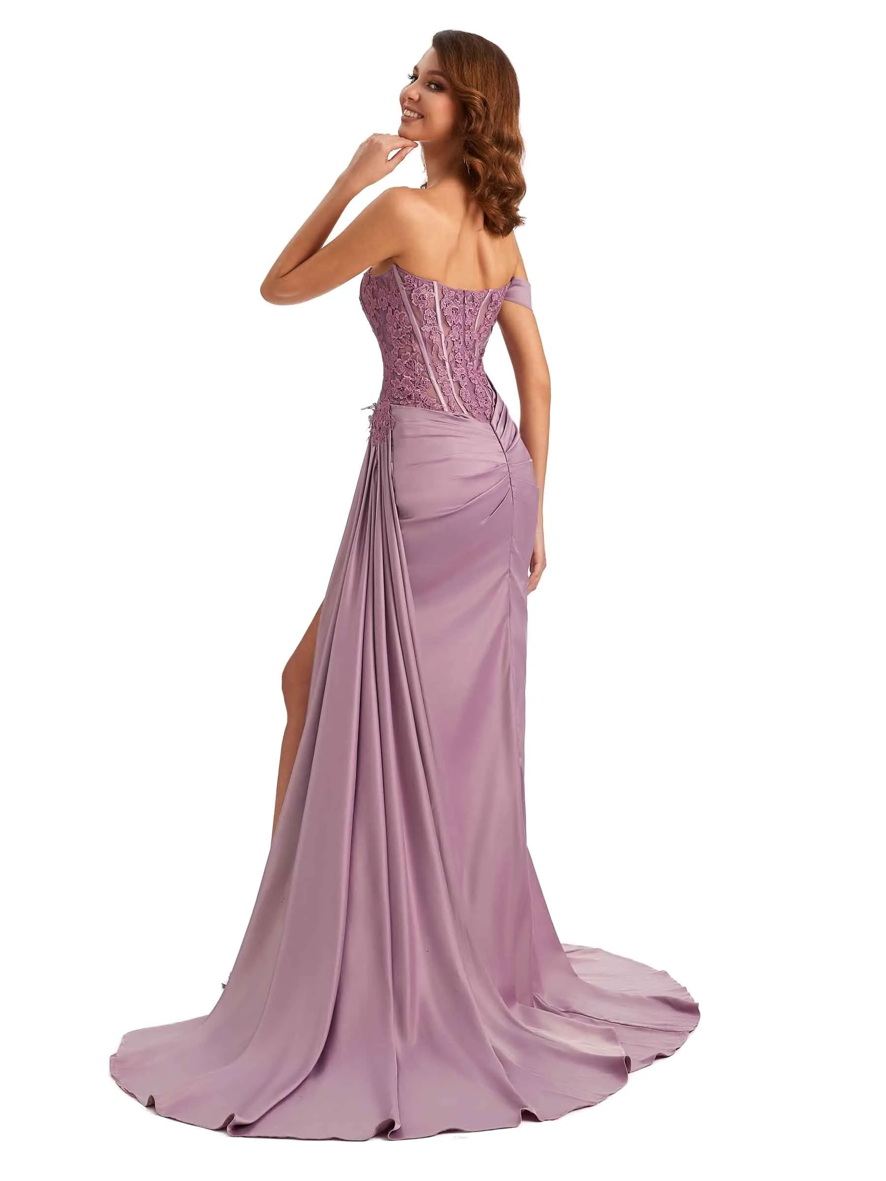 Sexy One Shoulder Lace Side Slit Mermaid Silky Satin Unique Long Bridesmaid Dresses sold by ChicSew product image thumbnail 5
