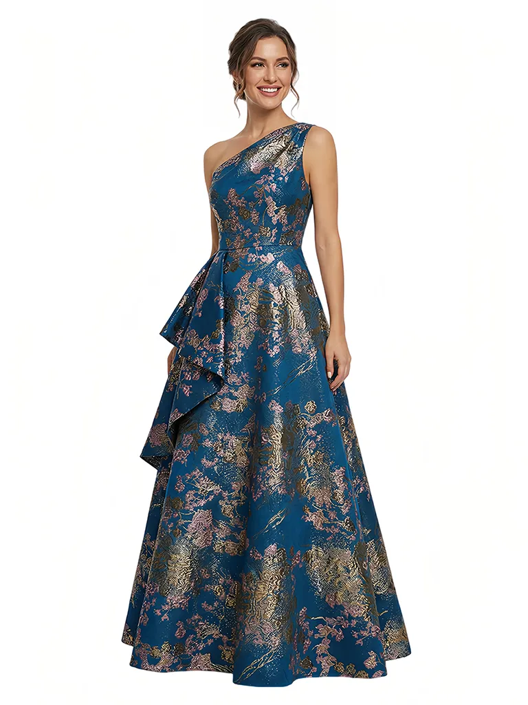 Elegant Floral One Shoulder Ruffle A-Line Long Formal Evening Dresses sold by ChicSew