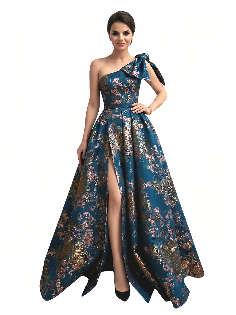 Elegant Floral One Shoulder Bow A-Line Long Formal Evening Dresses sold by ChicSew