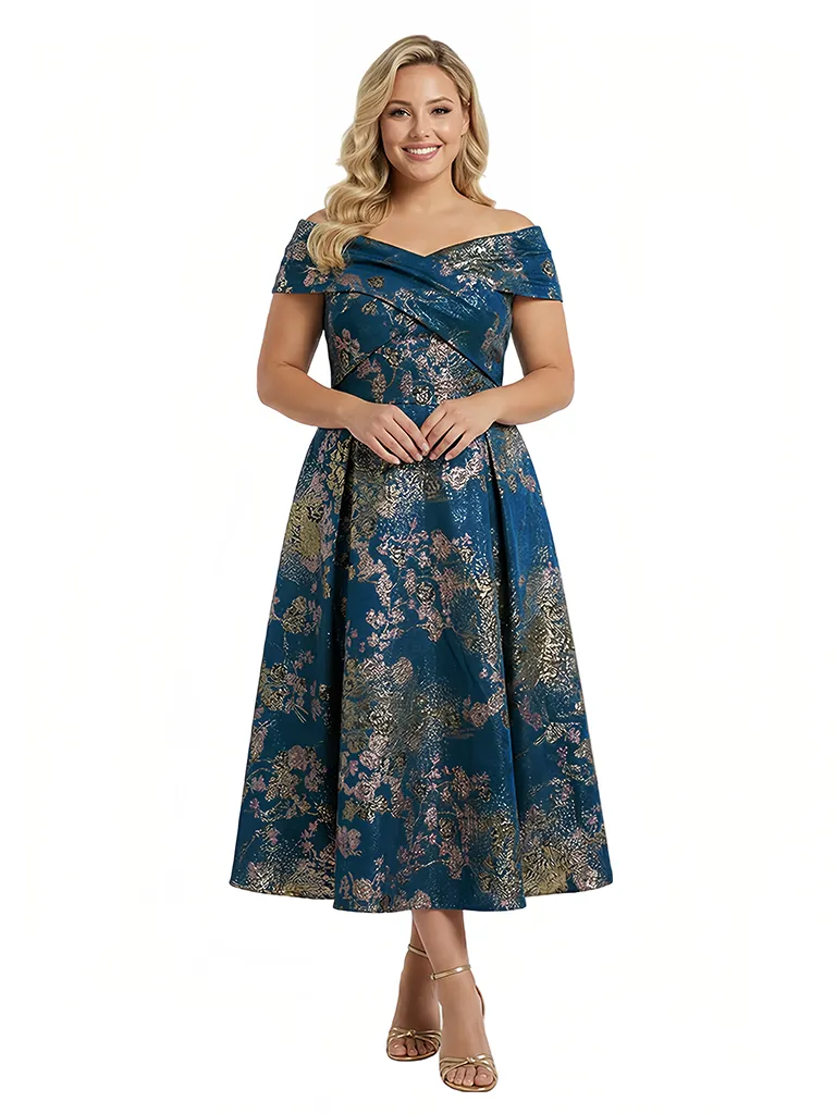 ChicSew Elegant Floral V-Neck Off Shoulder A-Line Tea-Length Formal Evening Dresses sold by ChicSew