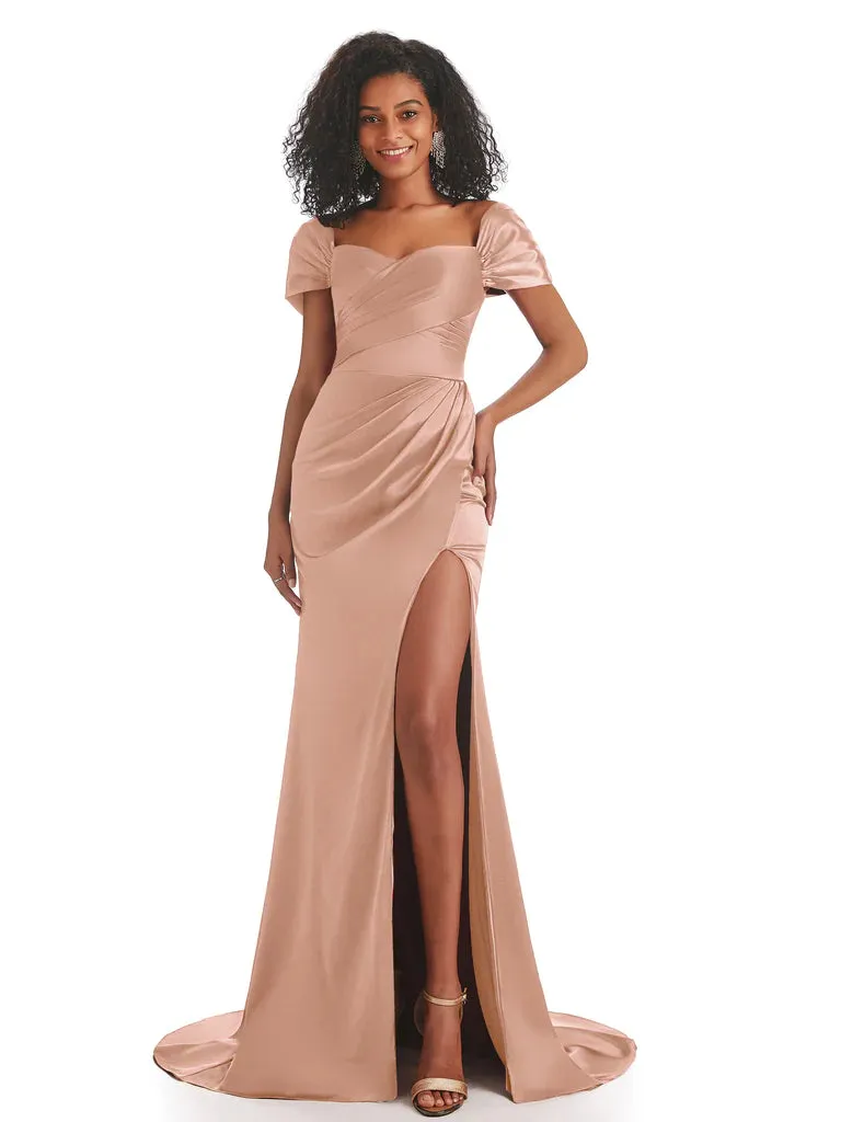 Elegant Off-Shoulder Mermaid Side Slit Soft Satin Long African Bridesmaid Dresses In Stock sold by ChicSew