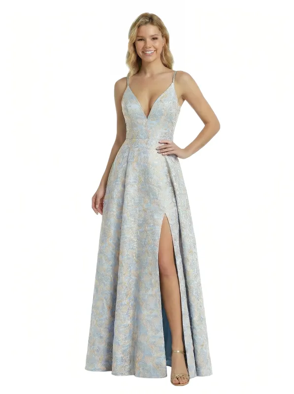 ChicSew Elegant Jacquard Satin Spaghetti Straps A-Line Side Slit Formal Evening Dresses sold by ChicSew