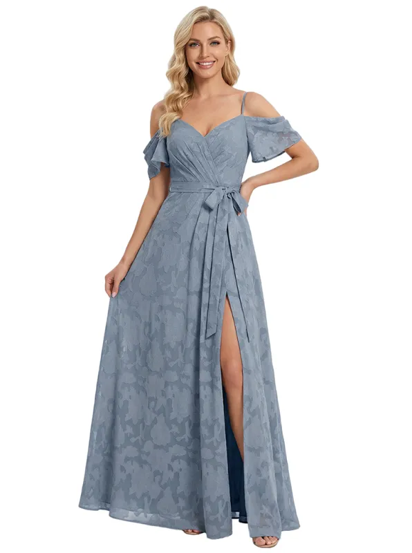 Elegant Cold Shoulder Ruching Floral Burnout Chiffon A-line Formal Evening Dresses sold by ChicSew