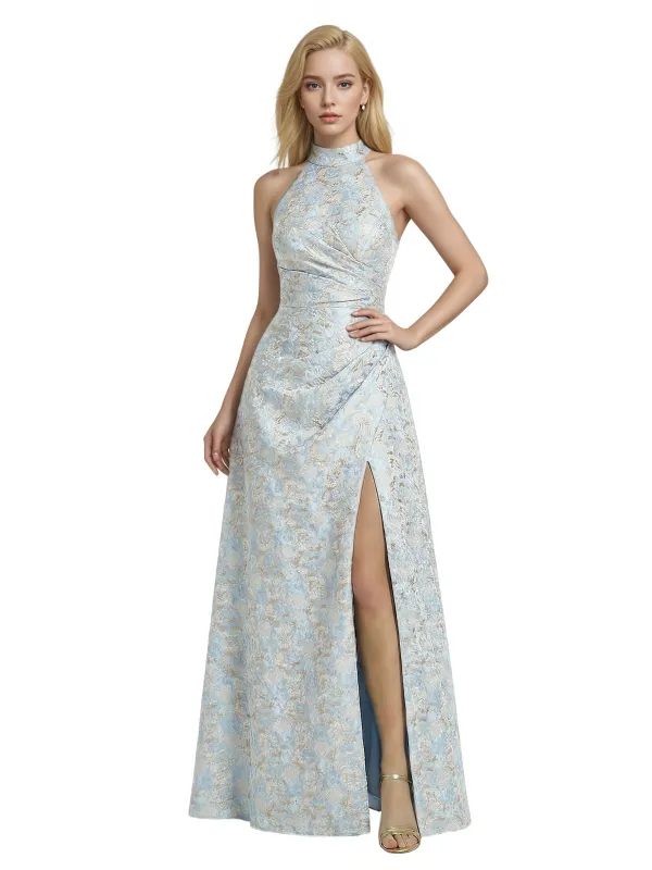 ChicSew Elegant Jacquard Satin Halter A-Line Side Slit Formal Evening Dresses For Women sold by ChicSew