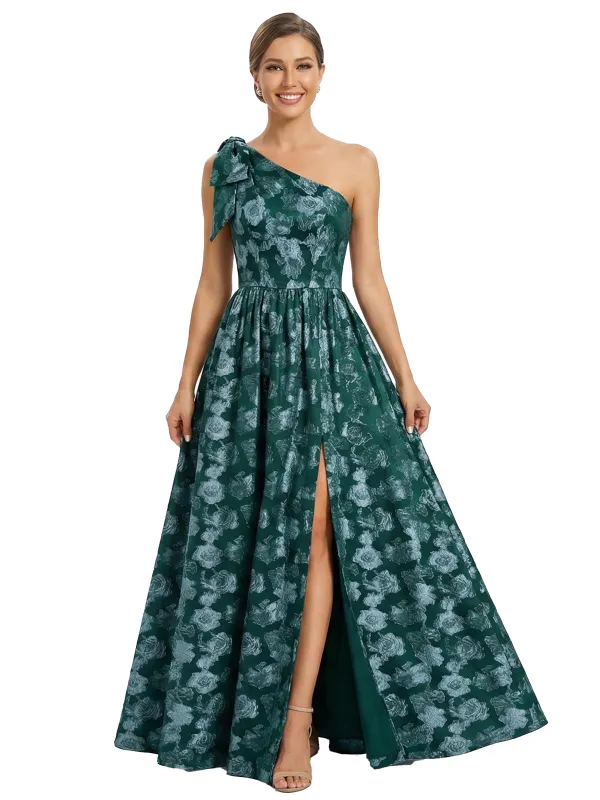Elegant One Shoulder Bow Knot Floral Burnout Chiffon A-Line Formal Evening Dresses sold by ChicSew