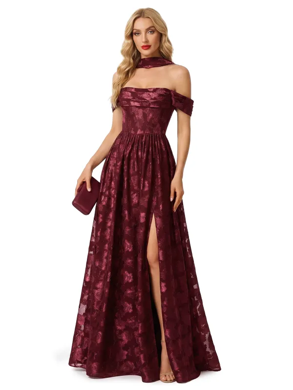 Elegant Off Shoulder Floral Burnout Chiffon A-Line Formal Evening Dresses sold by ChicSew
