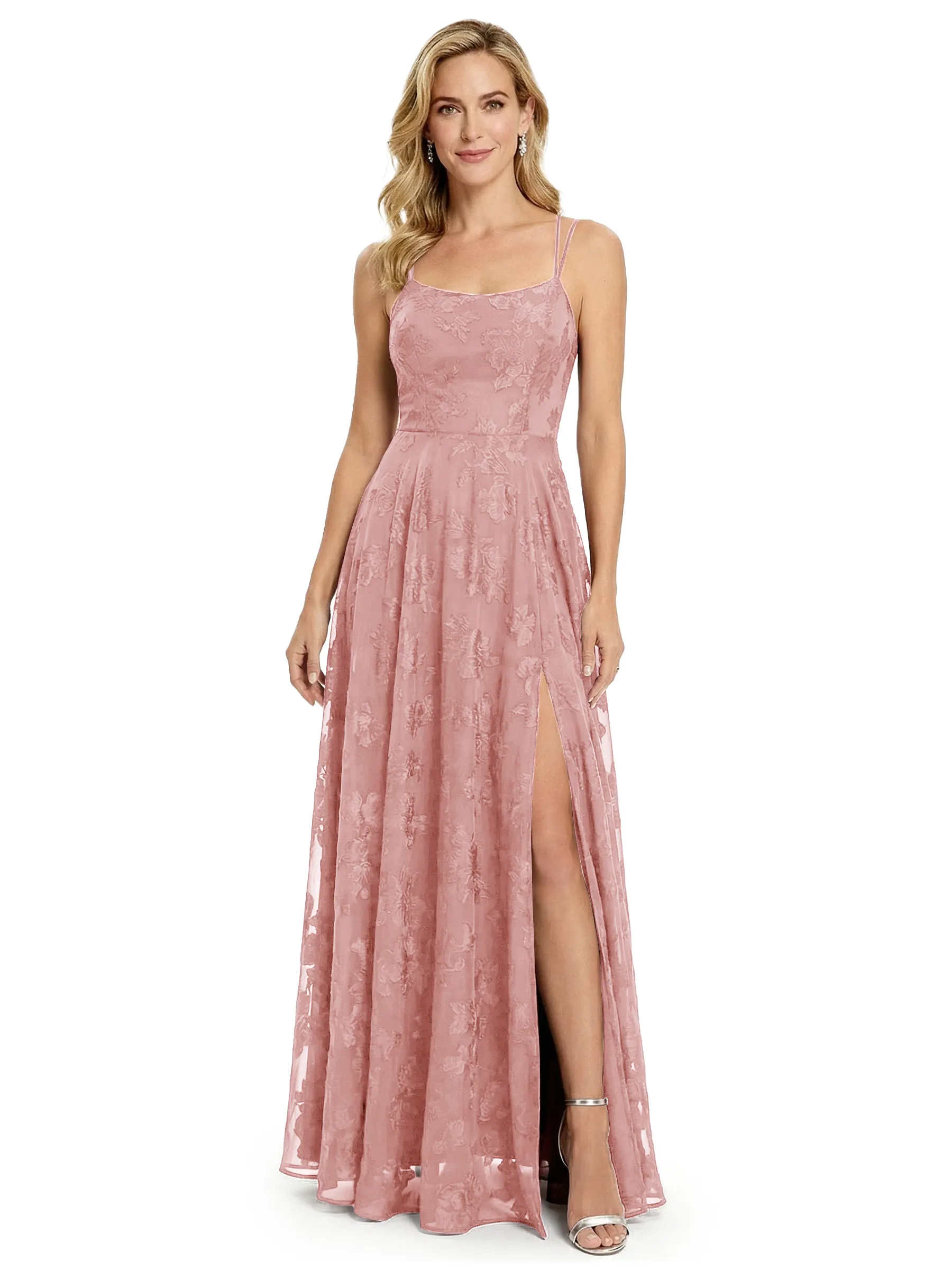 Elegant Spaghetti Straps Floral Burnout Chiffon A-Line Formal Evening Dresses With Side Slit sold by ChicSew product image thumbnail 4