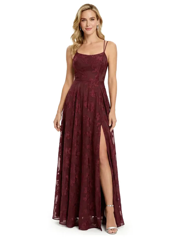 Elegant Spaghetti Straps Floral Burnout Chiffon A-Line Formal Evening Dresses With Side Slit sold by ChicSew