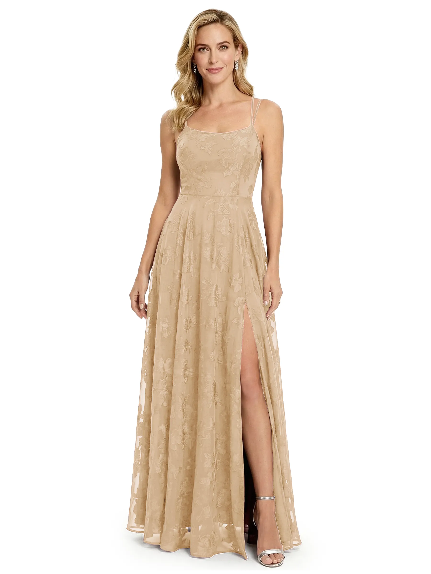 Elegant Spaghetti Straps Floral Burnout Chiffon A-Line Formal Evening Dresses With Side Slit sold by ChicSew product image thumbnail 3